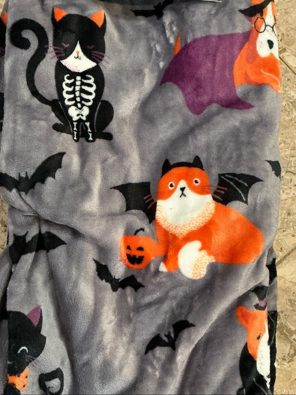 Artisan Halloween Cat Velvet Plush Throw - Gray, Orange & Purple 50x70 NWT